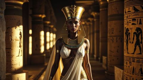 Regal queen in egyptian temple corridor with golden headdress