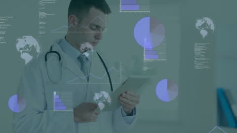 Doctor Analyzing Data on Digital Tablet with Statistical Overlays