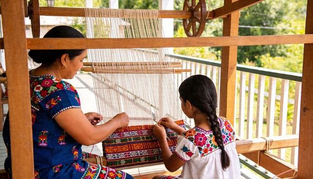 Woman teaching girl traditional loom weaving on veranda with colorful textiles