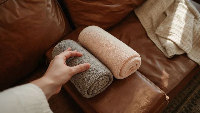 Hand reaching for rolled towels on leather sofa in warm sunlight, cozy textured scene