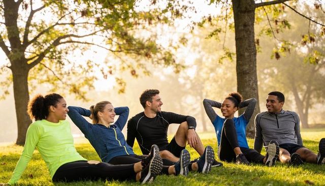 Friends sitting and stretching on sunlit autumn park lawn during outdoor workout