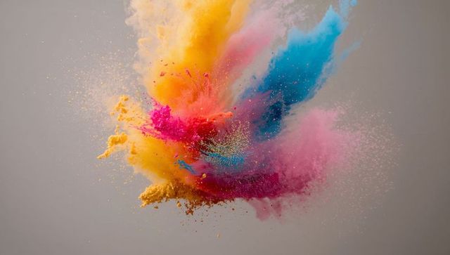 Bursting multicolor powder plume splattering cyan magenta yellow pink in neutral studio