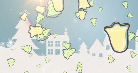 Whimsical winter village with floating yellow bells and sprinkled green tree ornaments