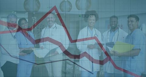 Medical team in hospital with overlay of falling financial graph