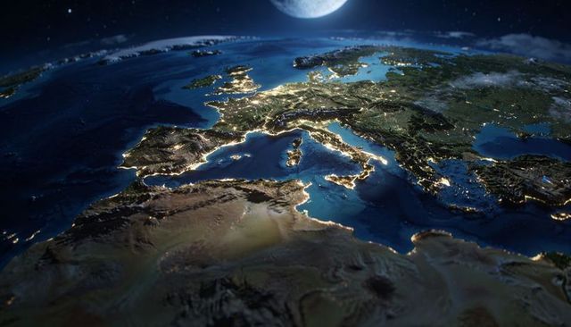 Night-time mediterranean orbital view showing europe and north africa city lights