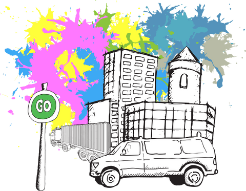 colorful urban cityscape with trucks on transparent background - Download Free Stock Videos Pikwizard.com
