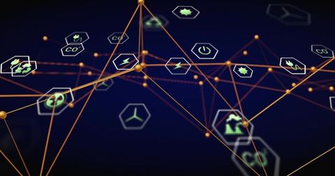 Renewable Energy Network Visualization with Connected Nodes and Hexagonal Icons