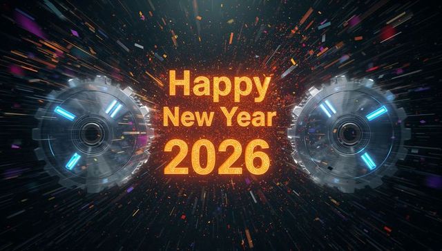 Futuristic Happy New Year 2026 Neon Glowing Text with Spinning Turbines and Confetti