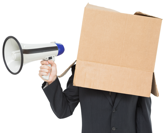 Transparent Businessman with Box on Head Holding Megaphone Yelling - Download Free Stock Videos Pikwizard.com