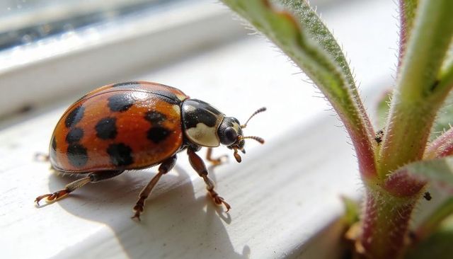 Glossy orange spotted ladybird beetle perching on white sill macro closeup with fuzzy stem