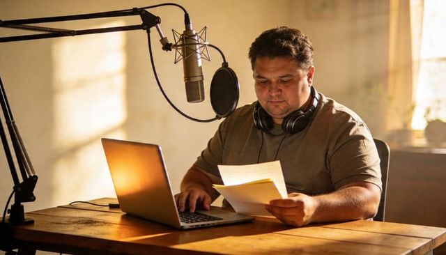 Reading Podcaster Recording Script in Home Studio with Laptop and Broadcast Microphone