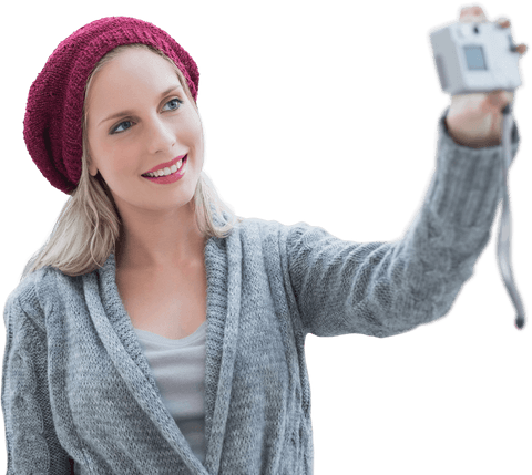 Smiling woman taking a selfie with camera on transparent background