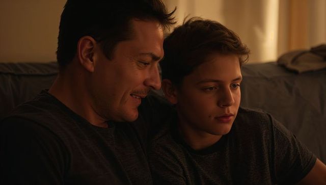 Father and teen son sharing quiet evening on couch at home, cozy intimate family moment