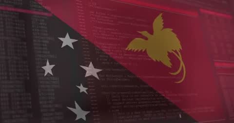 Papua New Guinea Flag Overlay on Scrolling Code Display