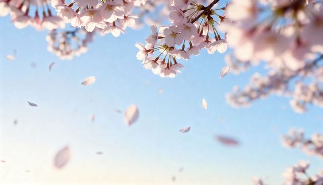 Spring cherry blossoms drifting petals against soft blue sky with warm sunlight bokeh
