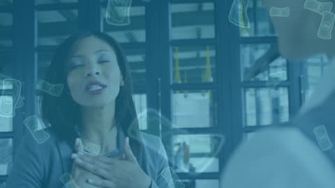 Businesswoman Experiencing Digital Data Overload in Graphic Overlay