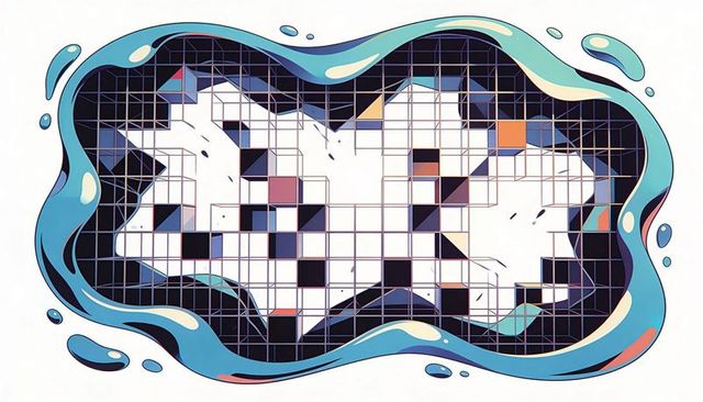 Abstract grid mosaic with missing tiles and flowing blue splash frame showing negative space