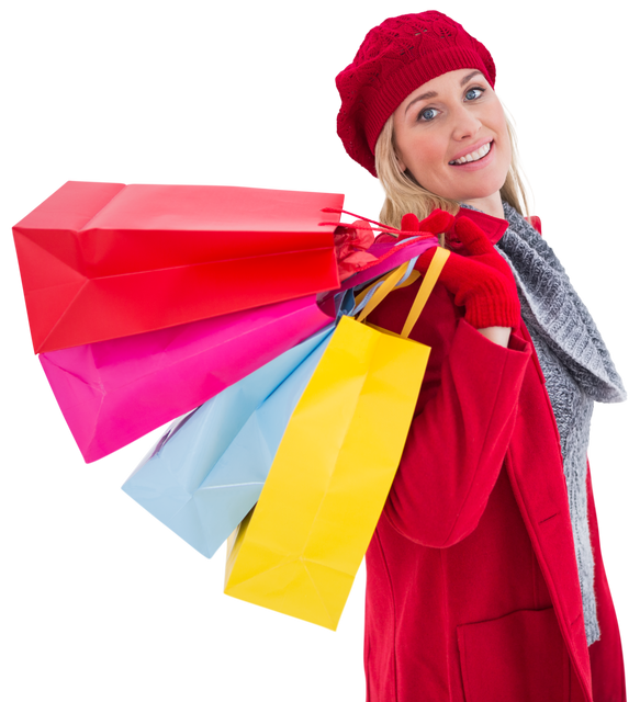 Transparent Blonde Woman in Winter Clothes Holding Shopping Bags with Bright Smile - Download Free Stock Videos Pikwizard.com