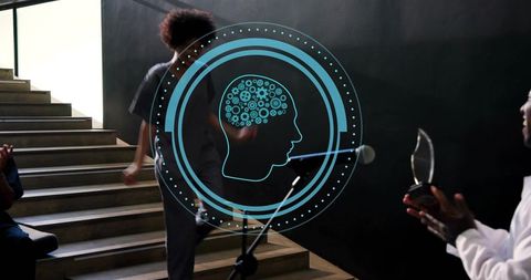 Digital brain technology overlay hovering over stair stage during award presentation