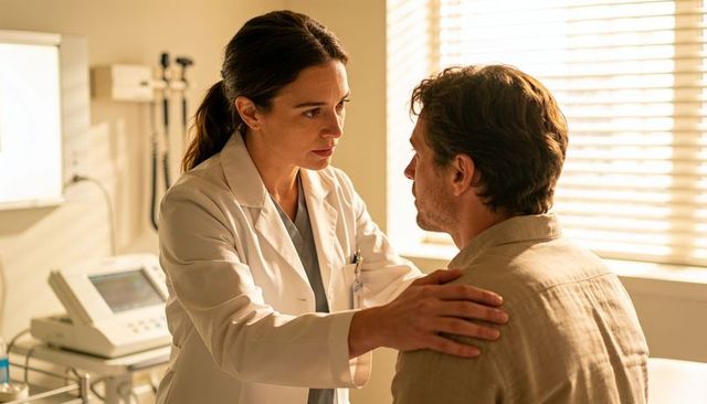 Female clinician comforting male patient during consultation in bright medical exam room