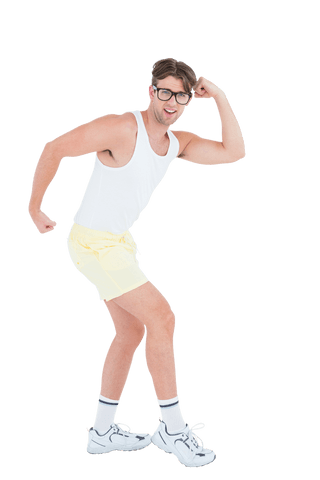 playful nerd in sportswear humorous and transparent pose - Download Free Stock Videos Pikwizard.com