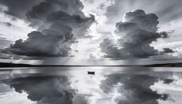 Solitary rowboat drifting under towering storm clouds with mirror lake reflection