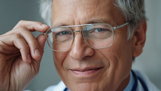 Senior physician adjusting glasses, smiling closeup portrait conveying trust, experience