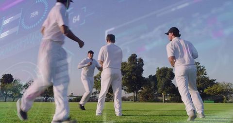 Cricket team practicing fielding with HUD analytics overlay on sunny grassy outfield
