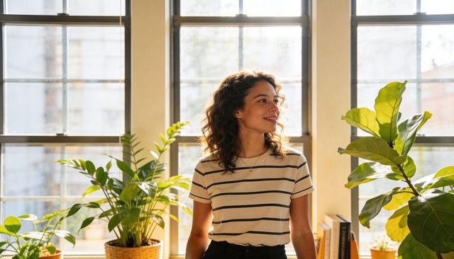 Young woman gazing out sunlit window surrounded by lush indoor plants in cozy apartment