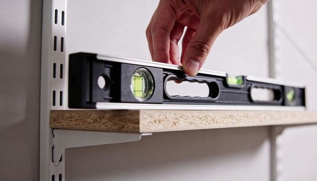 Hand positioning spirit level on particleboard shelf for precise alignment and mounting