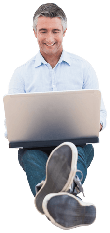 Happy Mature Man Sitting With Laptop Transparent Background - Download Free Stock Videos Pikwizard.com