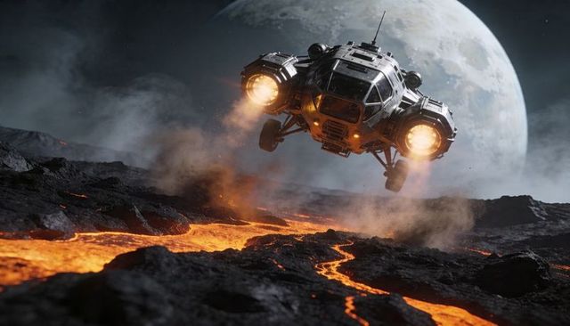 Futuristic spacecraft hovering over molten lava plains with moon in dramatic backdrop