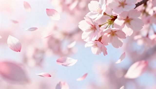 Soft pink cherry blossom petals drifting in spring breeze closeup with pastel bokeh