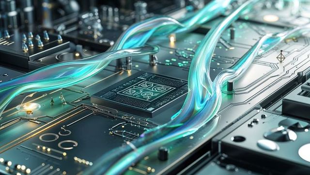 Futuristic circuit board featuring glowing nano chip and fluid conduits