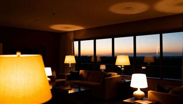 Cozy living room warm lamp lighting at sunset through floor-to-ceiling windows