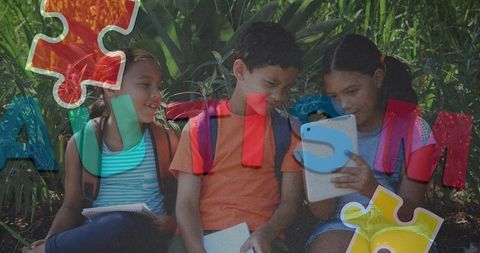 Children learning with support and autism awareness symbolism