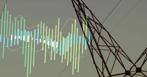 Lattice Transmission Tower Silhouette with Energy Data Visualization Overlay