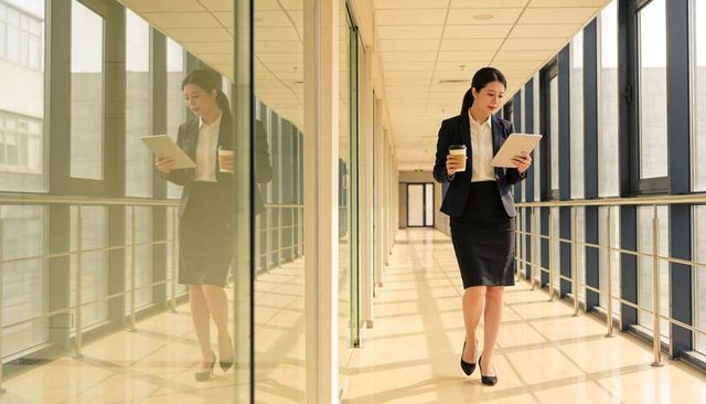 Corporate businesswoman walking office corridor holding tablet and coffee, glass reflection