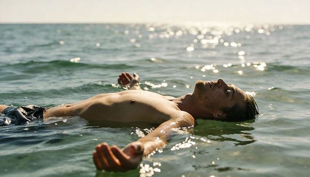 Man floating on back in calm open sea with sunlit ripples and relaxed coastal horizon