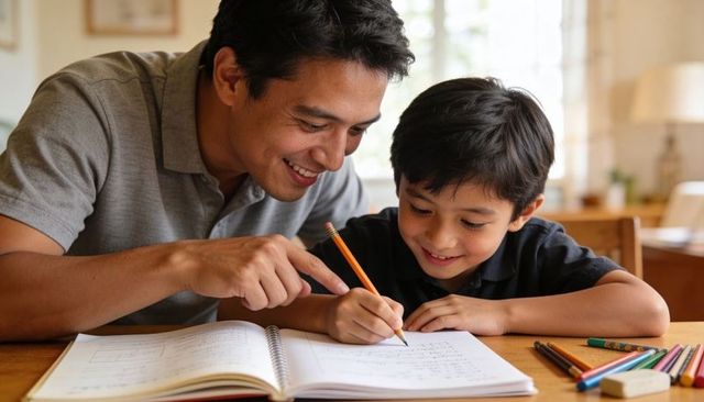 Father helping son with homework at home study table, smiling focused learning moment