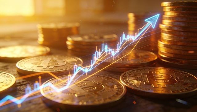 Bitcoin bullish growth concept with glowing candlestick chart rising over stacked coins