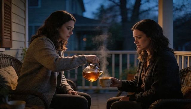Two women pouring tea on porch at dusk sharing quiet cozy conversation