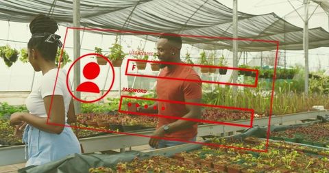 Urban greenhouse horticulturists examining seedlings and discussing sustainable farming