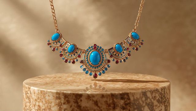 Exquisite gold necklace with blue and red gemstones on marble stand