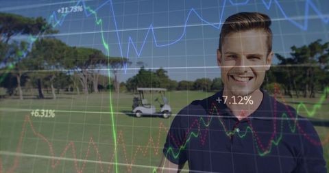 Confident Man on Golf Fairway with Graph Overlays Reflecting Success