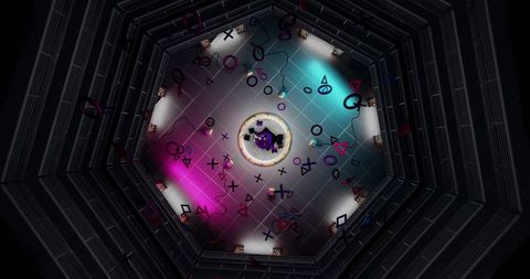 Futuristic Cyber Room with Neon Emoji Symbols Display
