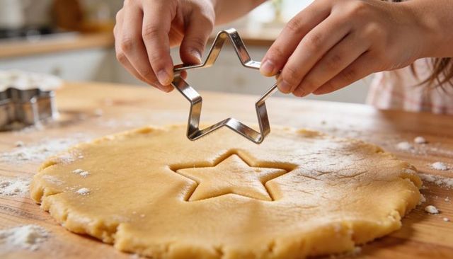 Child cutting star cookie from rolled dough on wooden counter, flour-sprinkled family baking