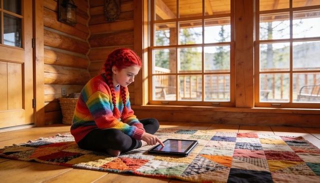 Child sitting on patchwork quilt tapping tablet in cozy log cabin wearing rainbow sweater