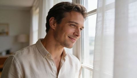 Serene young man gazing through sunlit window in minimalist home, contemplative portrait
