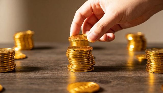 Hand stacking gold coins on wooden table representing savings, investment, wealth growth